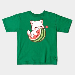 Funny and Cute Cartoon Cat on A Watermelon Kids T-Shirt